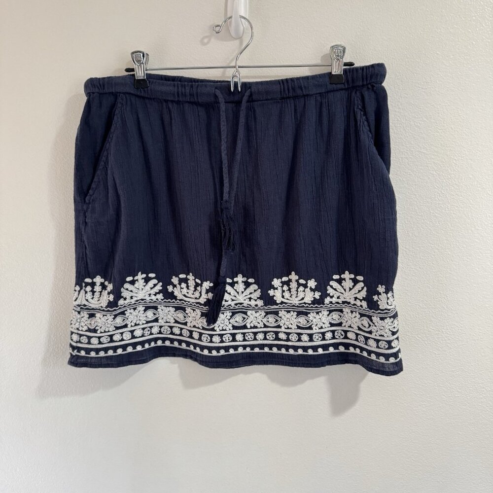 Garnet Hill Skirt M Navy Blue White Embroidered Cotton Gauze Nautical Boho